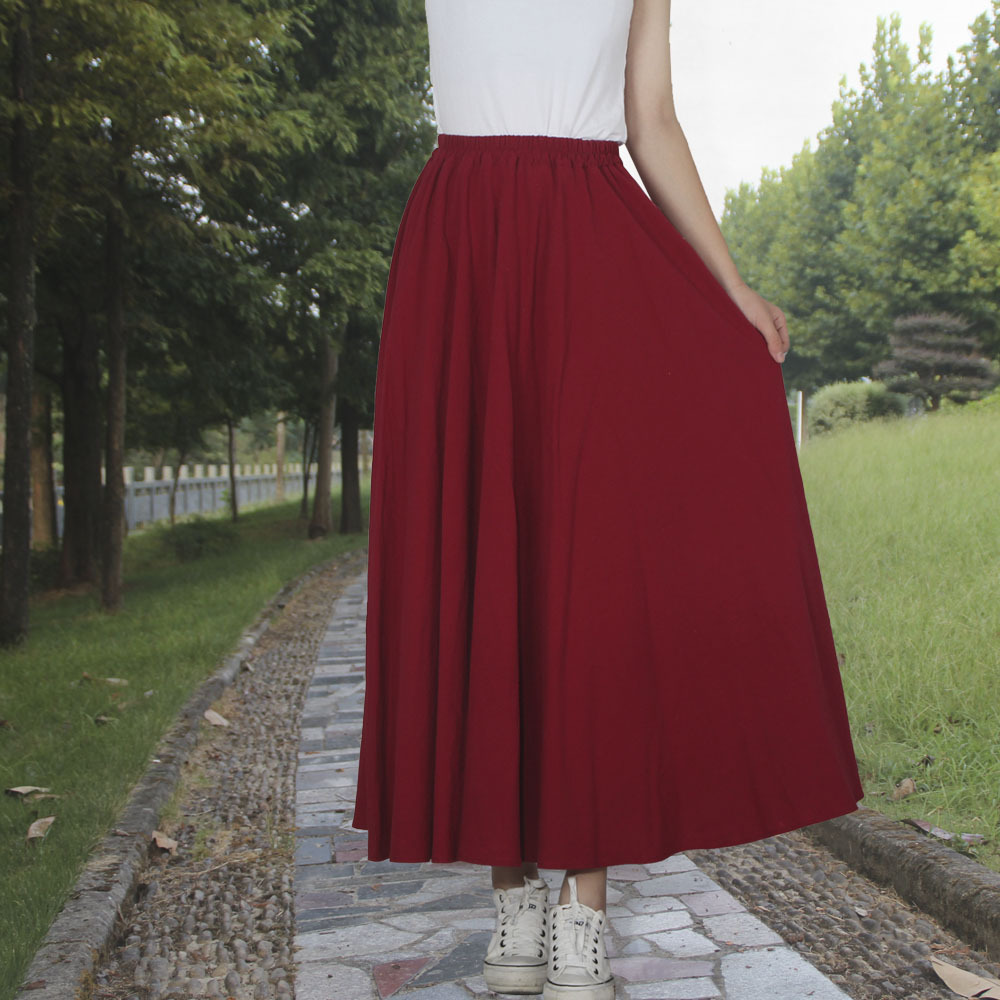 Washed Cotton And Linen Skirt Solid Color Elastic Waist With Big Swing Zou Ma Wine - Shop at LoveMi
