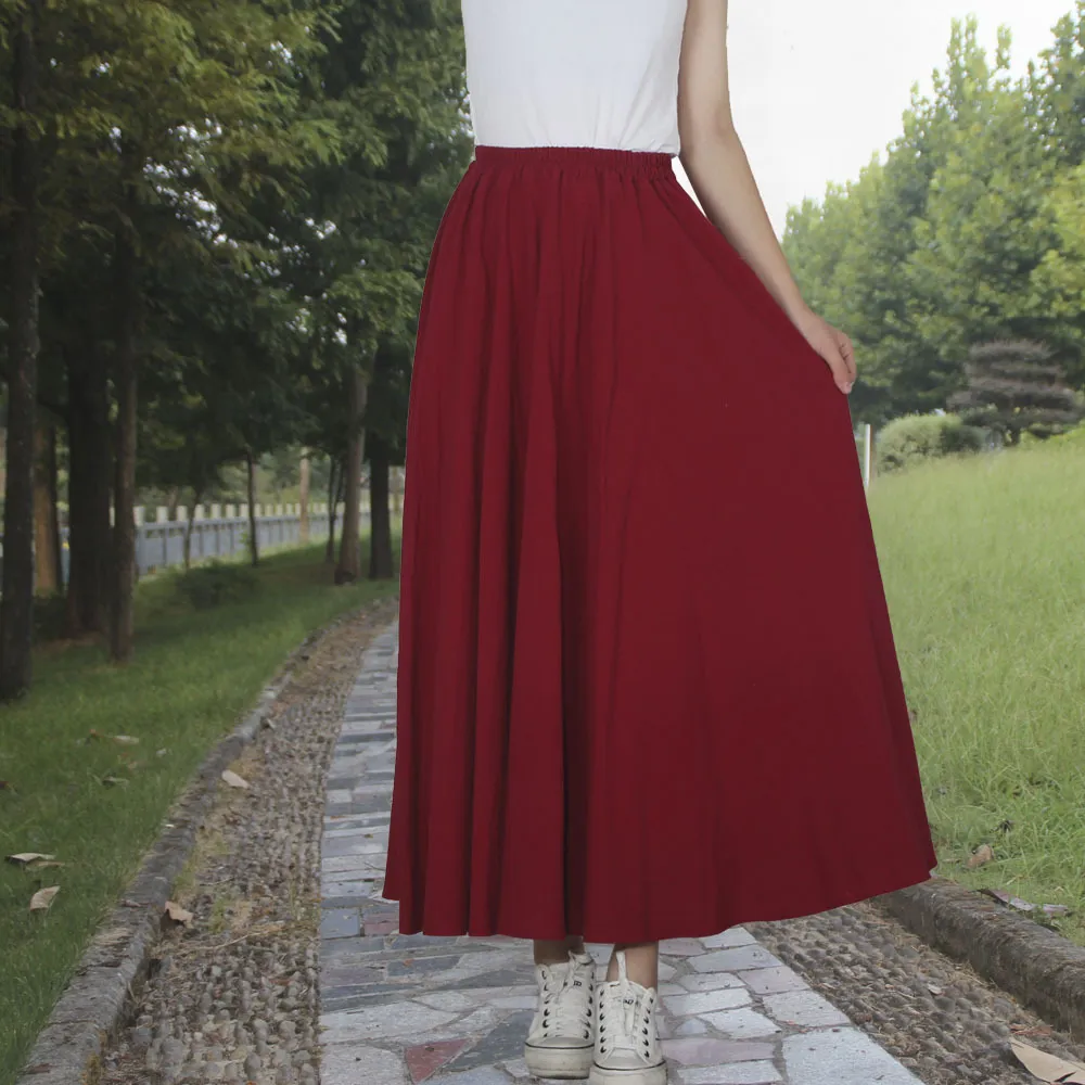 Washed Cotton And Linen Skirt Solid Color Elastic Waist With Big Swing Zou Ma - Wine