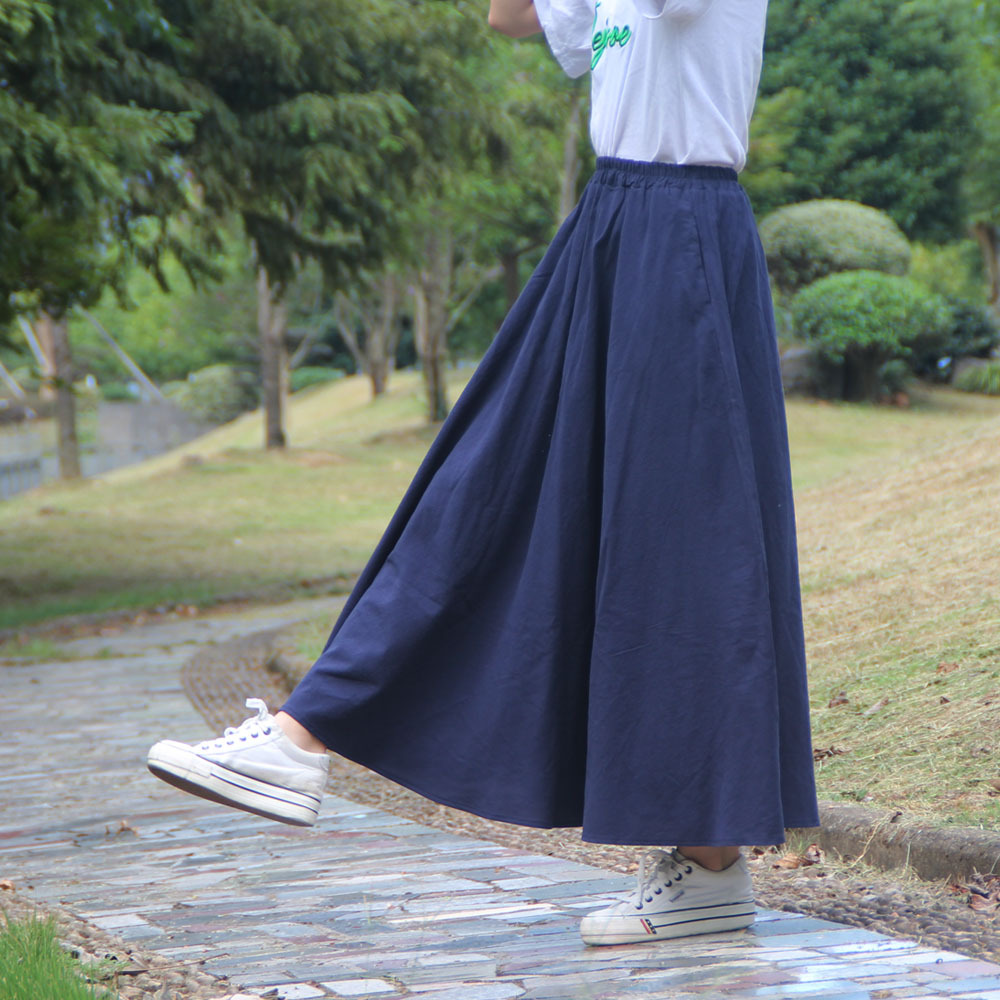 Washed Cotton And Linen Skirt Solid Color Elastic Waist With Big Swing Zou Ma