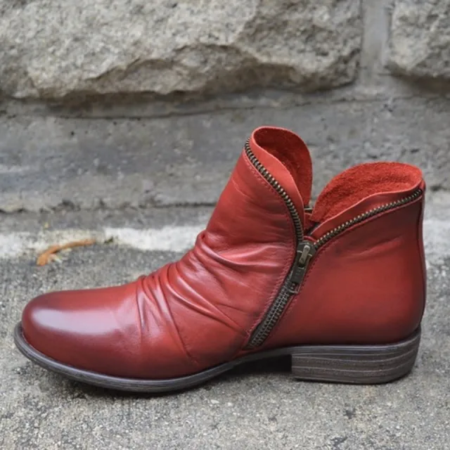 Round Toe Chunky Heel Double Zipper Ankle Boots Red - Shop at LoveMi