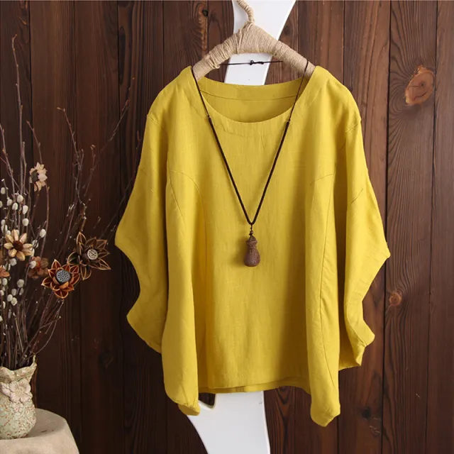 Cotton And Linen Pile Sleeves Drop Shoulder Plus Size T shirt Yellow - Shop at LoveMi