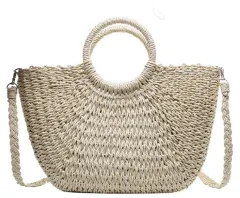 New Style Paper Rope Fashion All-Match Portable Messenger Small Round Bucket Hand-Woven Bag Straw Bag Female - Cream - View 1