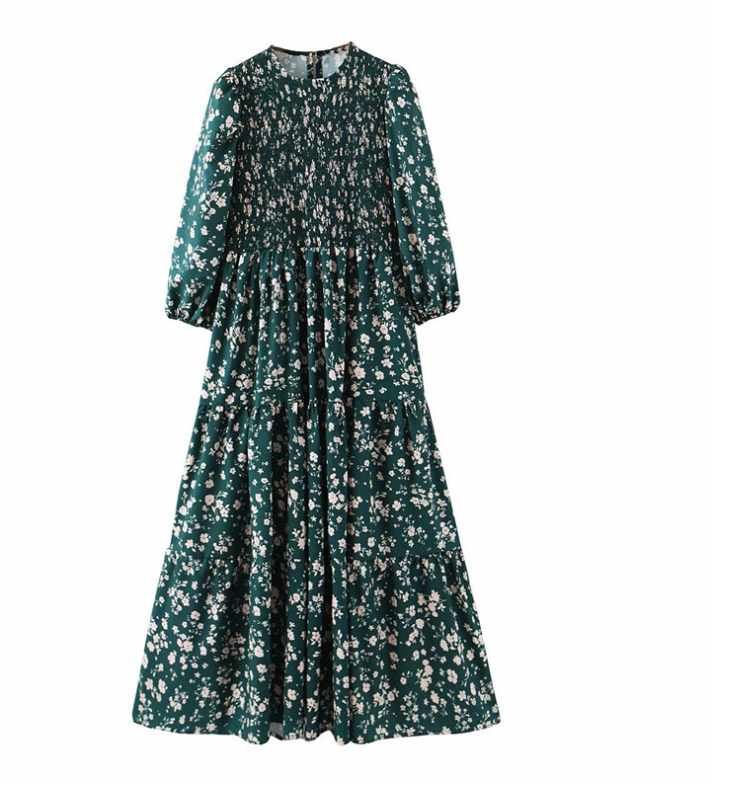 European And American Autumn New Loose And Thin Retro Round Neck Pleated Print Midi Dress