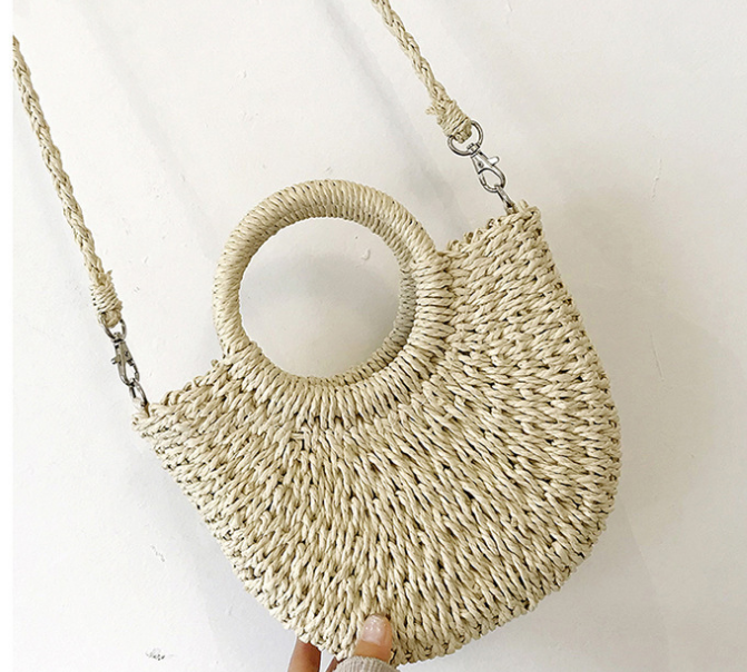 New Style Paper Rope Fashion All Match Portable Messenger Small Round Bucket Hand Woven Bag Straw Bag Female Cream - Shop at LoveMi
