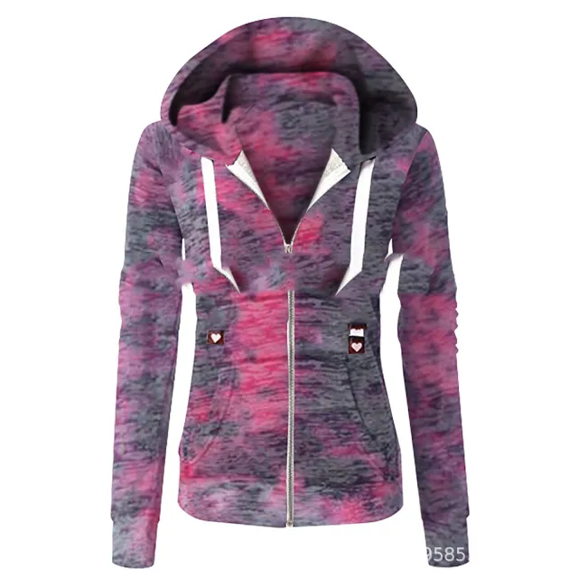 Ladies Tie dye Pocket Zipper 3 Colors 8 Size Hooded Sweater Purple - Shop at LoveMi