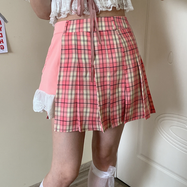 Sweet White Blouse, Powder Grid Skirt Pants, Irregular Salt And Sweet Two-Piece Suit