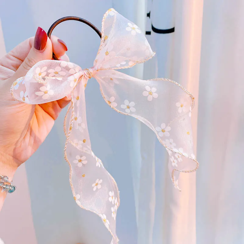 New Flower Net Yarn Bow Hair Tie - Pink