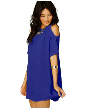 Off the shoulder Short sleeved Chiffon Dress Royal Blue - Shop at LoveMi