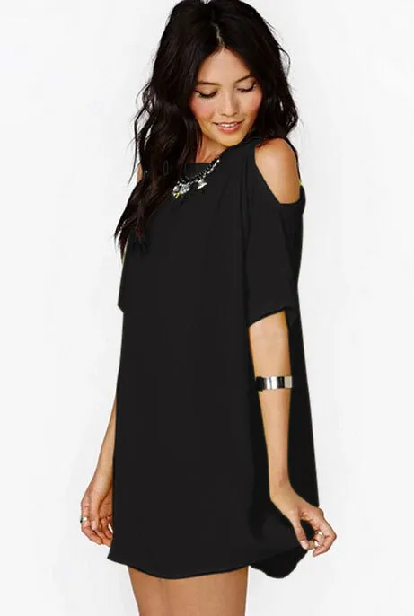 Off the shoulder Short sleeved Chiffon Dress Black - Shop at LoveMi