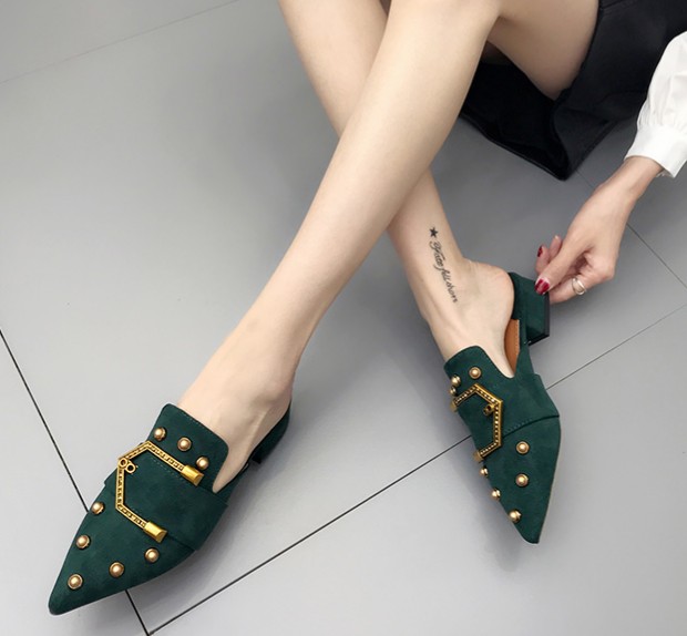 Summer Korean Retro Wild Fashion Non-Heel Pointed Muller Shoes Female Mid-Heel Baotou Thick With Lazy Half Slippers