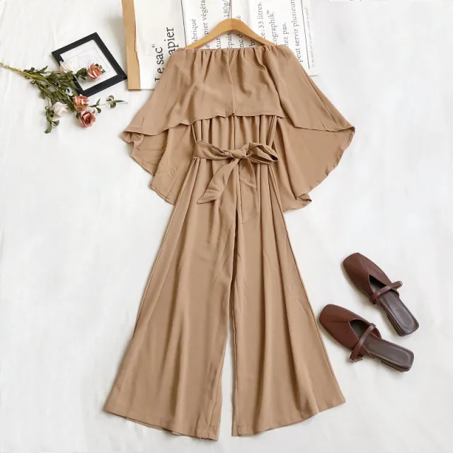 Fashion Temperament Irregular Waistband Ruffled Tube Top Wide leg Pants Jumpsuit Khaki - Shop at LoveMi