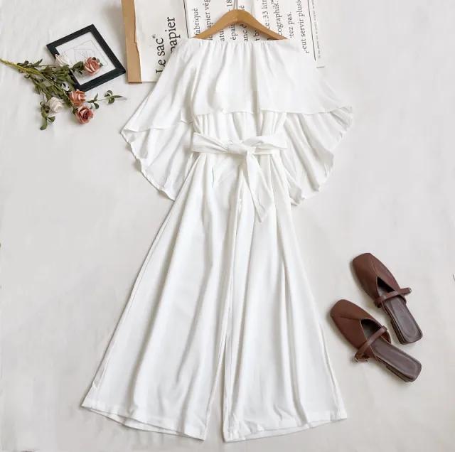 Fashion Temperament Irregular Waistband Ruffled Tube Top Wide leg Pants Jumpsuit White - Shop at LoveMi