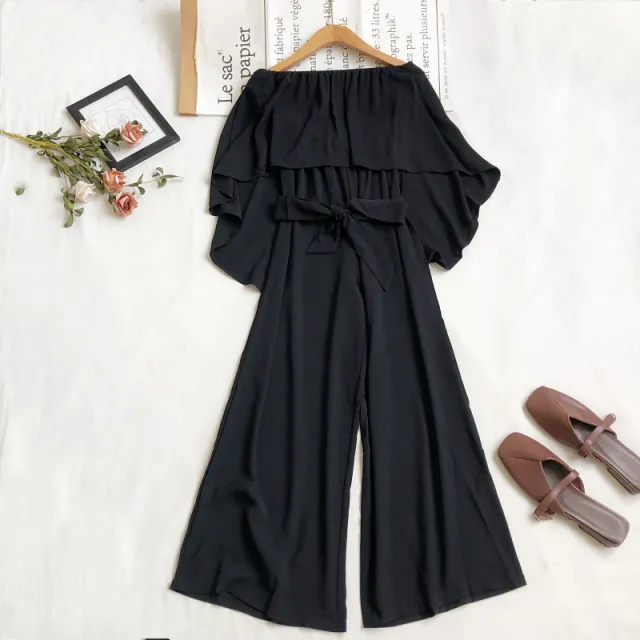 Fashion Temperament Irregular Waistband Ruffled Tube Top Wide leg Pants Jumpsuit Black - Shop at LoveMi