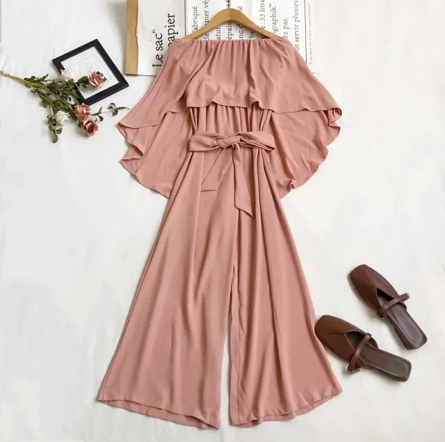 Fashion Temperament Irregular Waistband Ruffled Tube Top Wide leg Pants Jumpsuit Pink - Shop at LoveMi