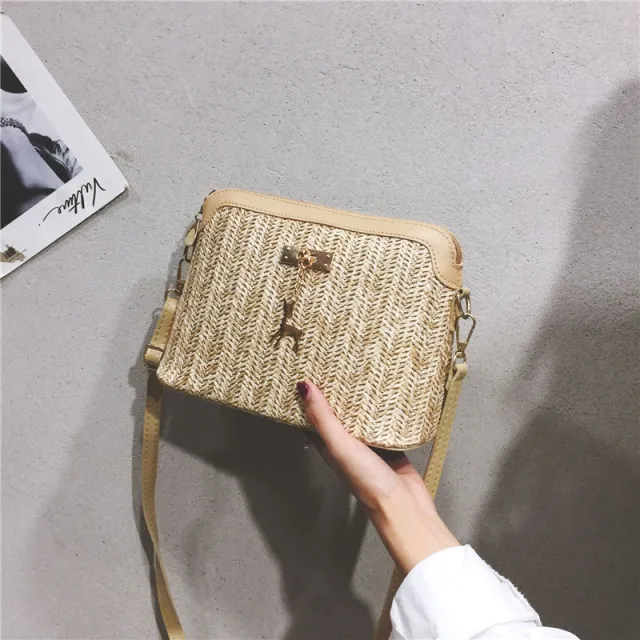 Flax Straw Woven Fashion Shell Fawn One shoulder Diagonal Handbag Yellow - Shop at LoveMi