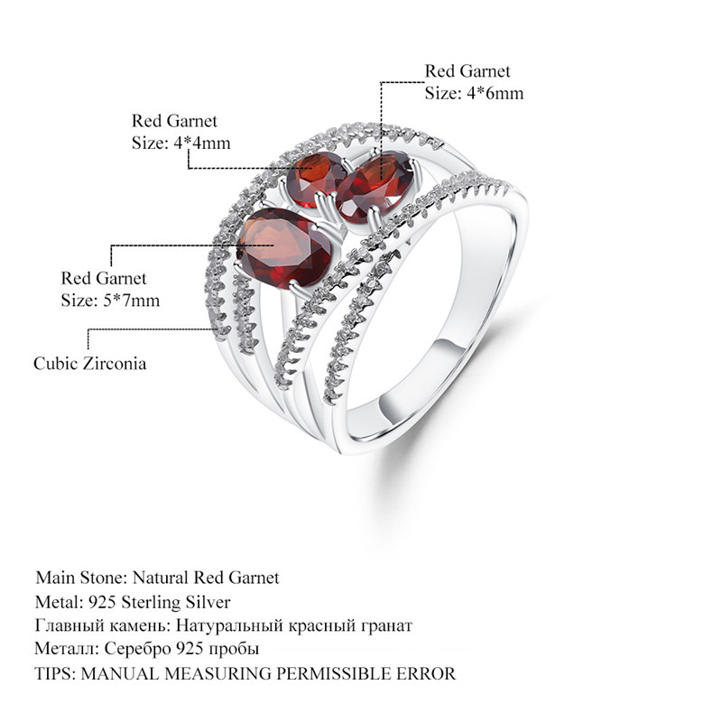 European Design Red Garnet Inlaid Gemstone Ring 925 Silver