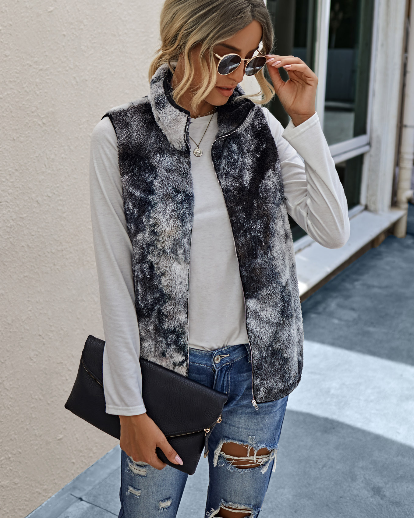 Tie-dyed Fur Zipper Pocket High Neck Waistcoat