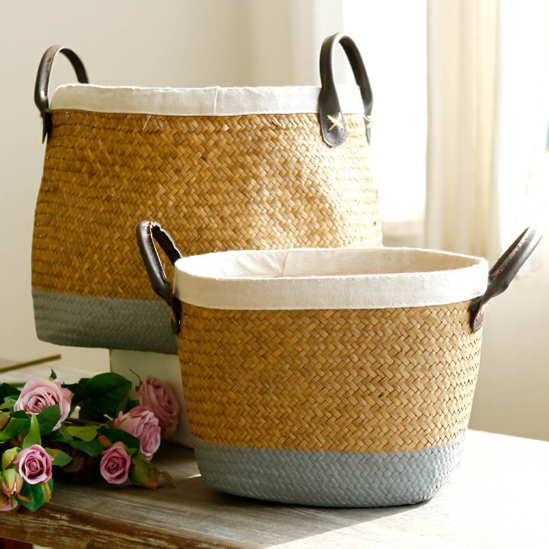 Pastoral Handmade Seagrass Basket Painted Linen Edge Flower Pot PU Handle Braided Basket Rattan Woven Basket B