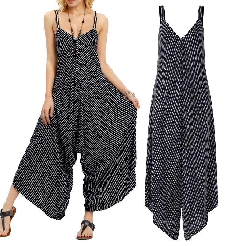 Striped Sling Wide Loose Cropped Trousers - Black