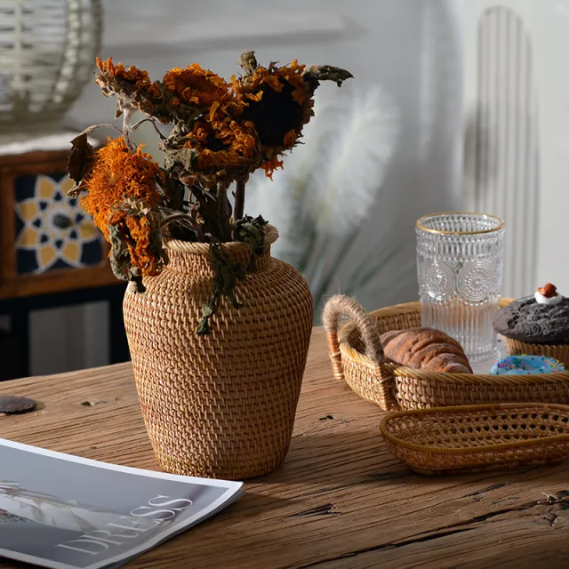 Autumn Rattan Desktop Storage Vase Shooting Props Flower Basket Khaki - Shop at LoveMi