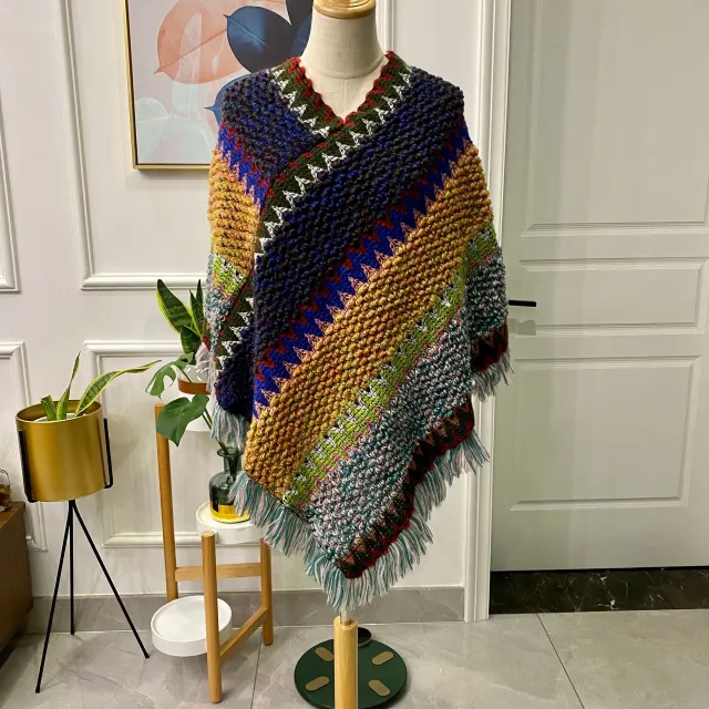 Ethnic Style Cape Shawl Knitted Pullover Mohair Fringed Scarf Jacket Women Navy Blue - Shop at LoveMi