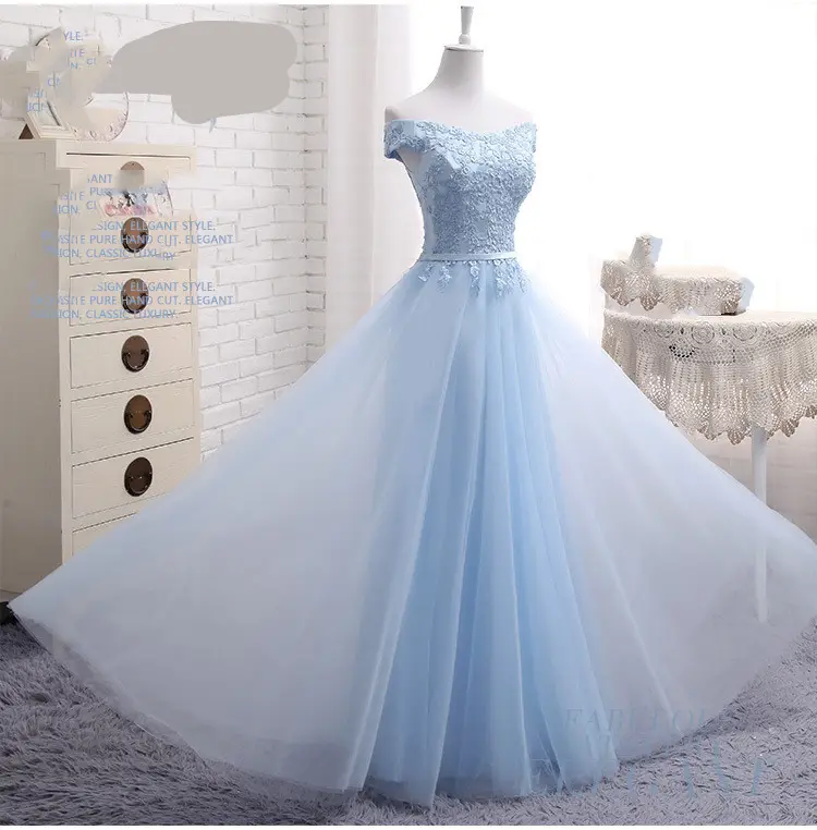 Long Blue Bridesmaid Sisters Dress One-shoulder Evening
