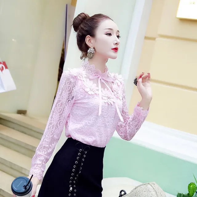 Women Shirts Lace Long Sleeve Blouse Bow Sweet Floral Hollow Lace Blouses Shirt Female Mesh Blusas Spring Women Tops X01F Pink - Shop at LoveMi