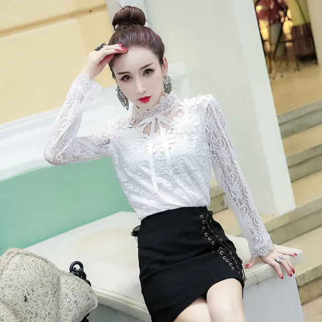 Women Shirts Lace Long Sleeve Blouse Bow Sweet Floral Hollow Lace Blouses Shirt Female Mesh Blusas Spring Women Tops X01F White - Shop at LoveMi