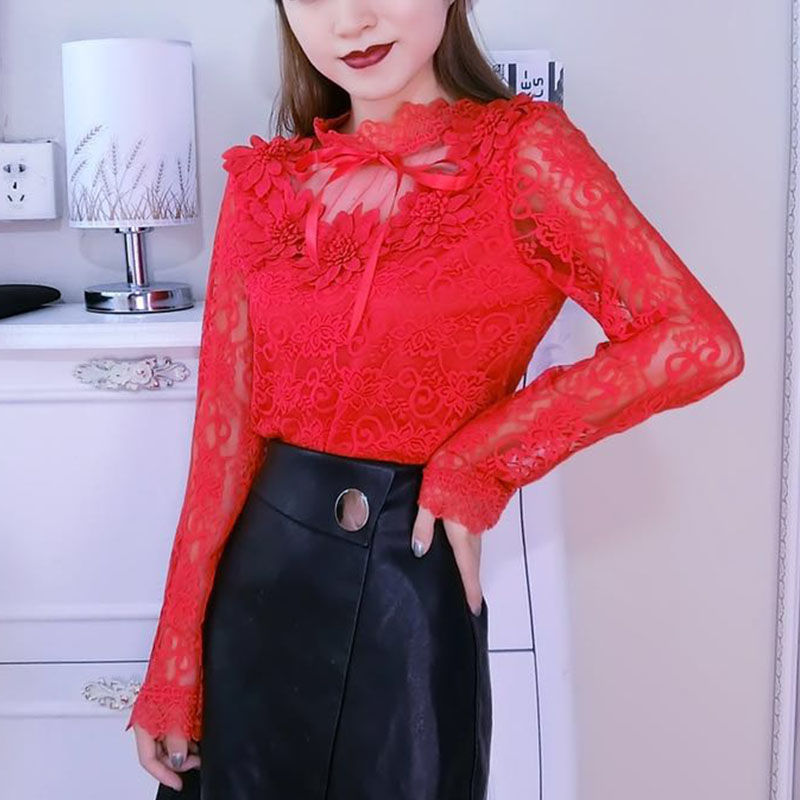Women Shirts Lace Long Sleeve Blouse Bow Sweet Floral Hollow Lace Blouses Shirt Female Mesh Blusas Spring Women Tops X01F Red - Shop at LoveMi
