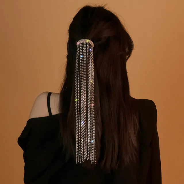 Shine Full Rhinestone Hairpins for Women Bijoux Long Tassel Crystal Hair Accessories Wedding Banquet Jewelry Golden - Shop at LoveMi