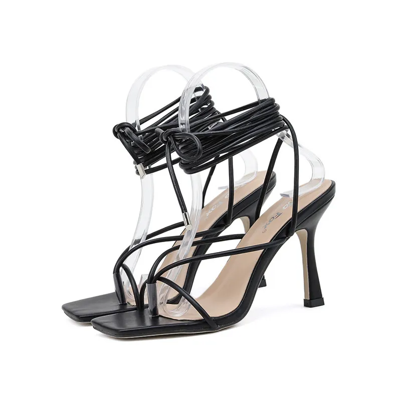 Simple Strap Roman High Heel Sandals - Black