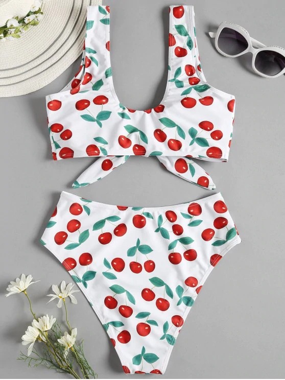 Bikini Split Swimsuit Cherry Print Swimsuit Lace - Image 5