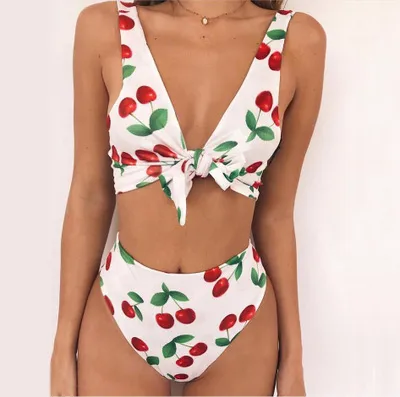 Bikini Split Swimsuit Cherry Print Swimsuit Lace White - Shop at LoveMi