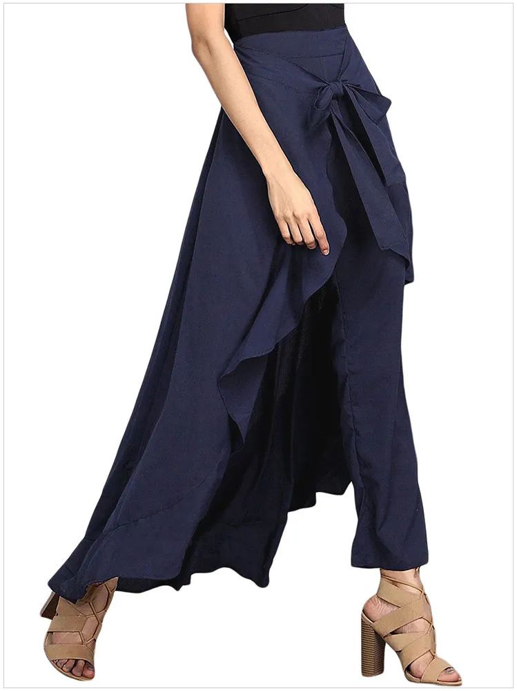 Irregular Ruffled High-Waist Lace-Up Trousers - Navy
