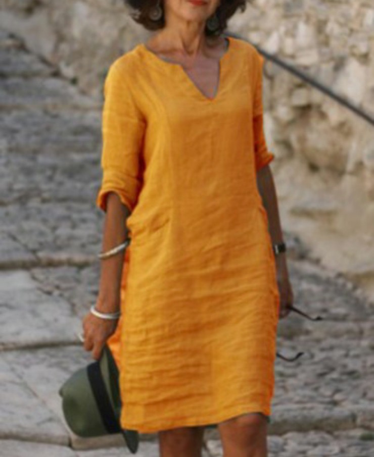 New Fashion Short Sleeved Solid Color V Neck Mid Length Dress