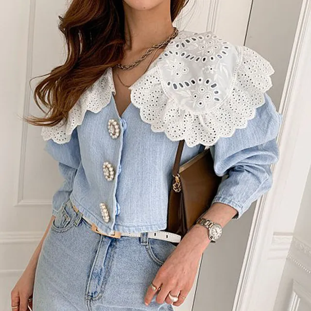 Women's High Waist Short Long Sleeve Denim Shirt Blue - Shop at LoveMi