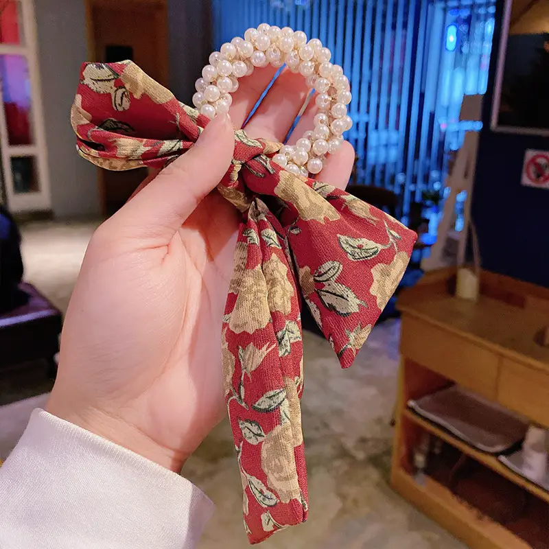 Pearl Hair Tie Broken Flower Bow Ribbon Rubber Band Hair Strap Female Hair Tie