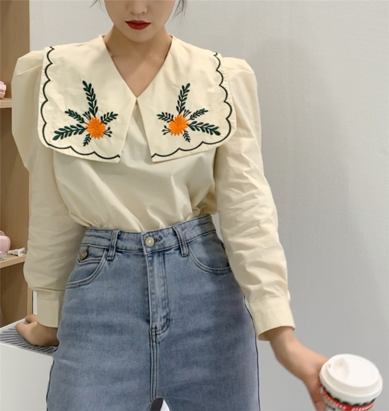 Spring Gentle Temperament Navy Collar Contrast Color Embroidery Design Loose Puff Sleeve Shirt Blouse Women