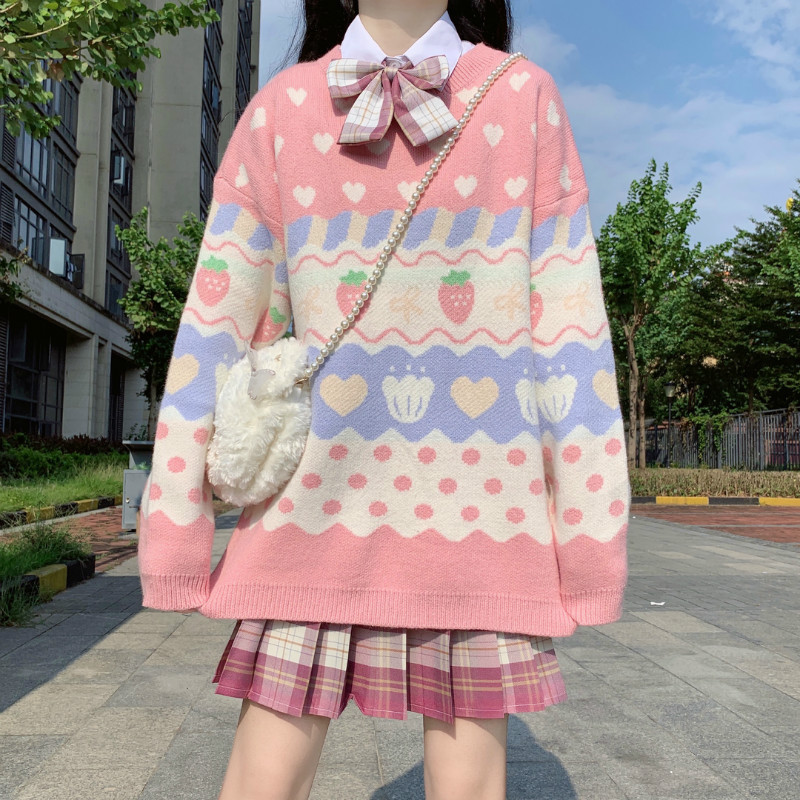 Sweet Strawberry Jacquard Long Sleeve Student Knit Top