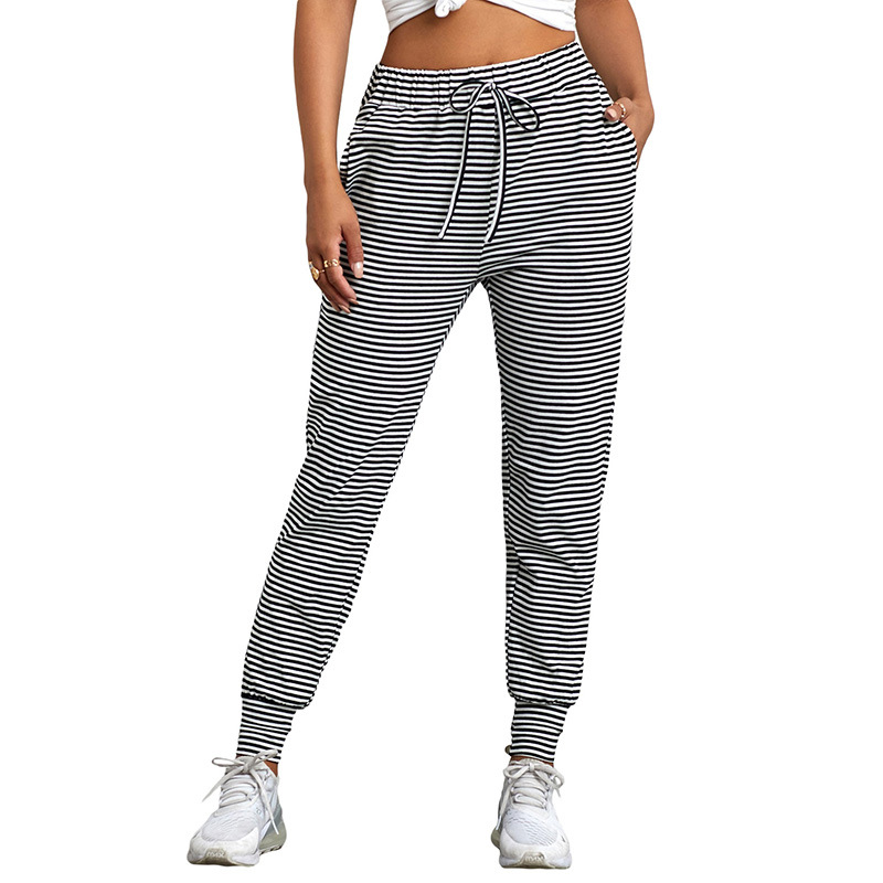 Black And White Striped Stitching Women's High Waisted Straight Leg Casual Pants