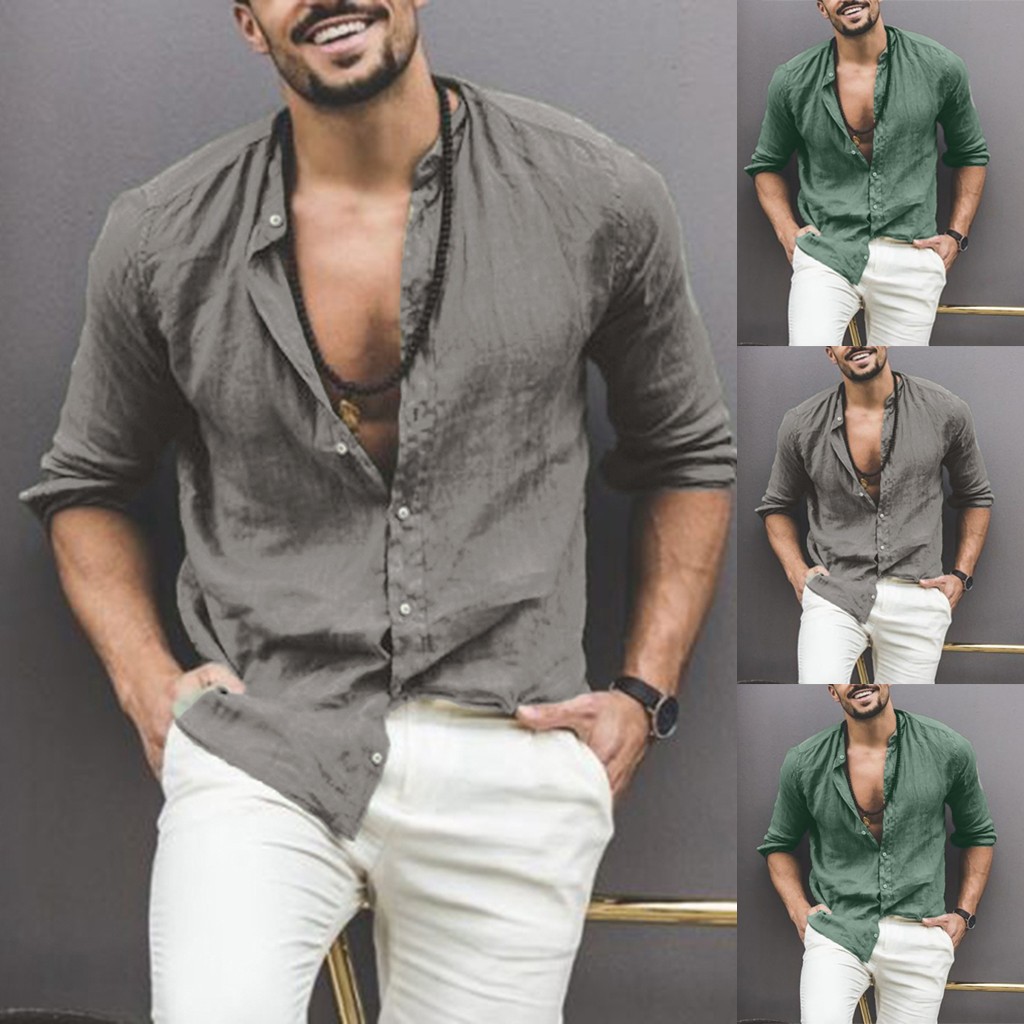 Solid Color Cotton And Linen Long Sleeved Stand Collar Men's Shirt