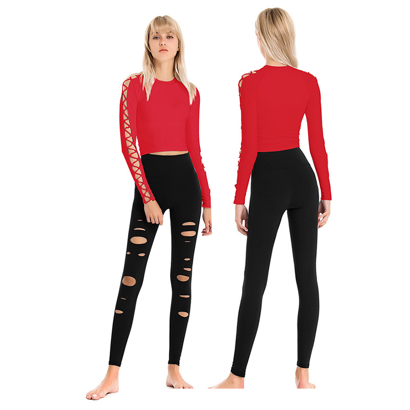 Hollow Yoga Suit Female Summer Shockproof With Chest Pad Long-sleeved T-shirt Fashion Hole Tight-fitting Professional Sports Yoga Pants
