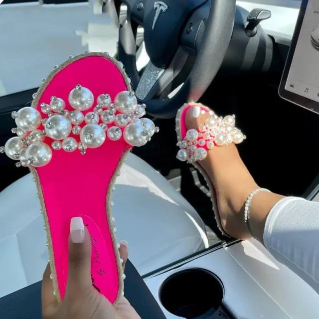 Cross Border Foreign Trade Ladies Slippers 21 Summer New Style Flip Flops European And American Pearl Fashion Sandals Flat Large Size Shoes Red - Shop at LoveMi