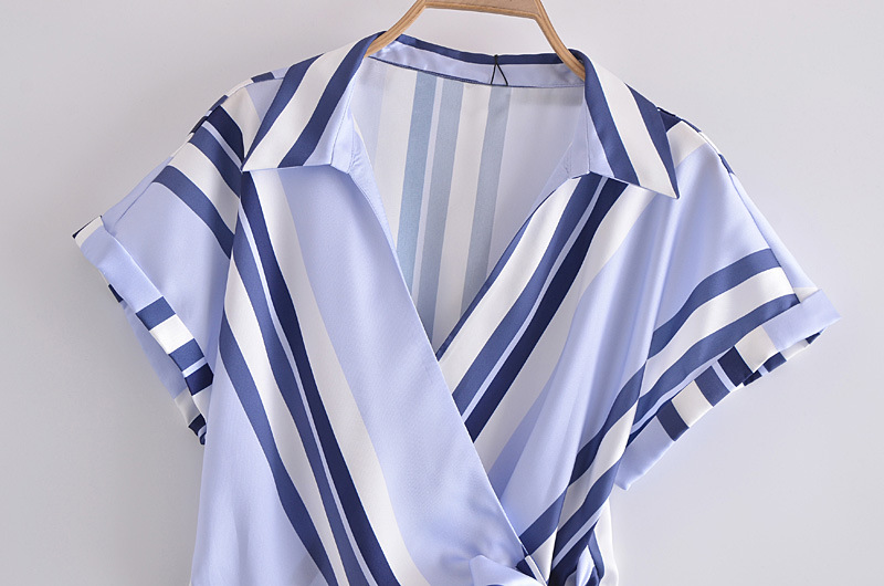 Hot Spring New Style European And American Style Knotted Striped Short-Sleeved Fashion Double-Breasted Shirt