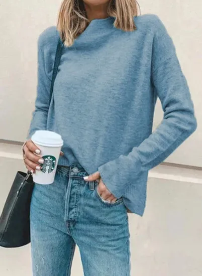 Turtleneck Solid Color Cashmere Long sleeved Pullover Sky Blue - Shop at LoveMi