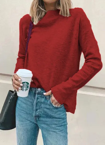 Turtleneck Solid Color Cashmere Long-sleeved Pullover - Red