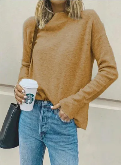Turtleneck Solid Color Cashmere Long sleeved Pullover Khaki - Shop at LoveMi