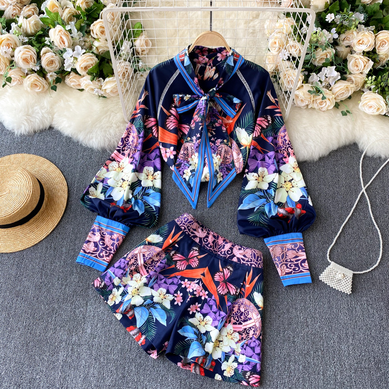 Ladies Temperament Suit New Ladies Shirt High Waist Wide Leg Shorts Fashionable Printing Two-piece Suit