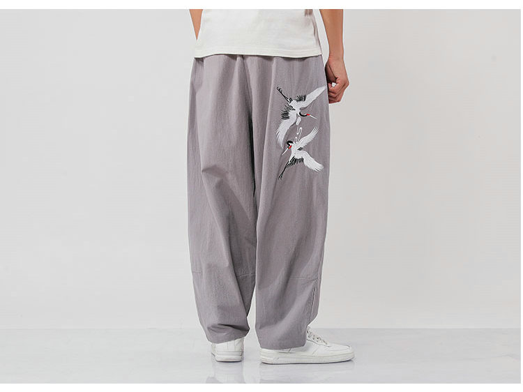 Chinese Style Cotton And Linen Wide-Legged Crane Embroidery Loose Straight Big Flared Long Pants