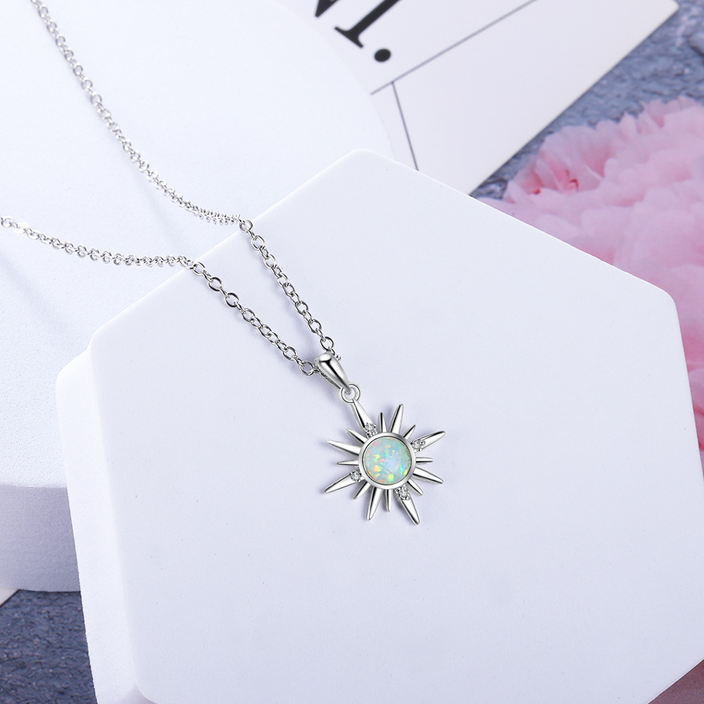 European And American New Style Temperament Fashion Cross-Border Women's Jewelry Opal Opal S925 Silver Sunflower Necklace Wholesale